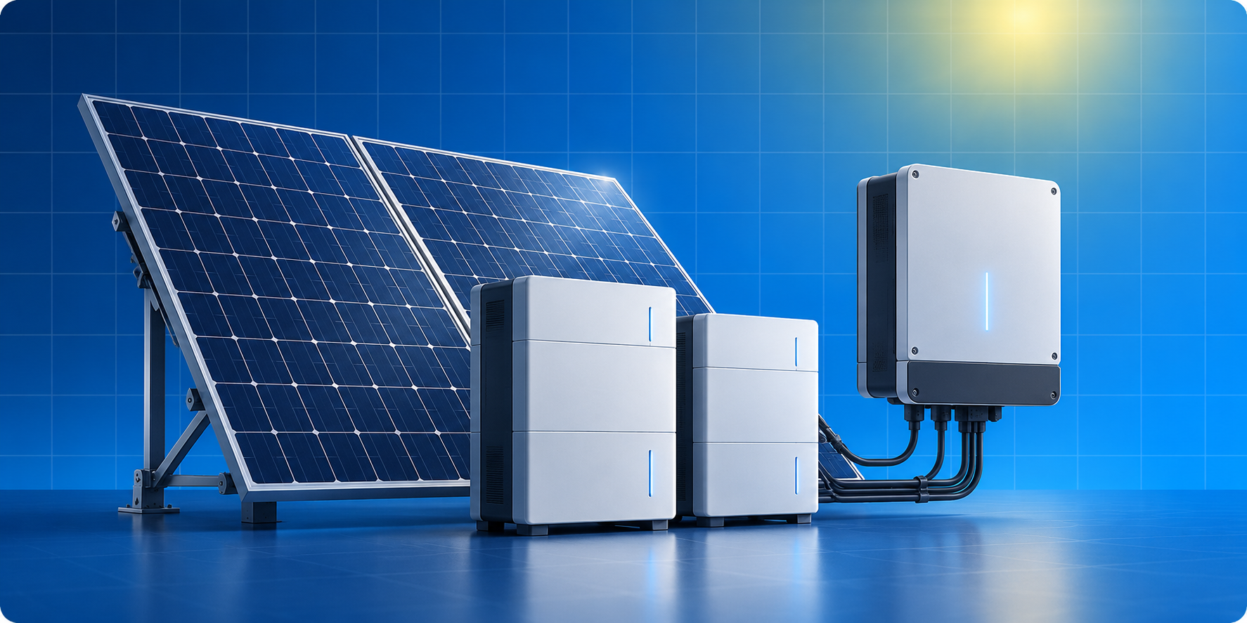 Painéis solares, baterias e inversor de um sistema fotovoltaico
