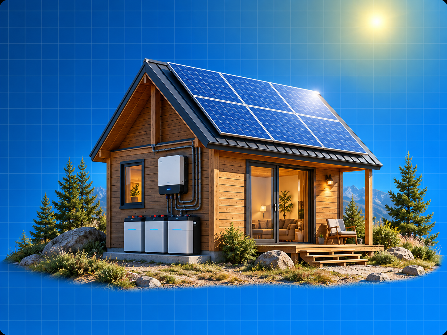 Sistema de energia solar off-grid com painéis e baterias em propriedade rural